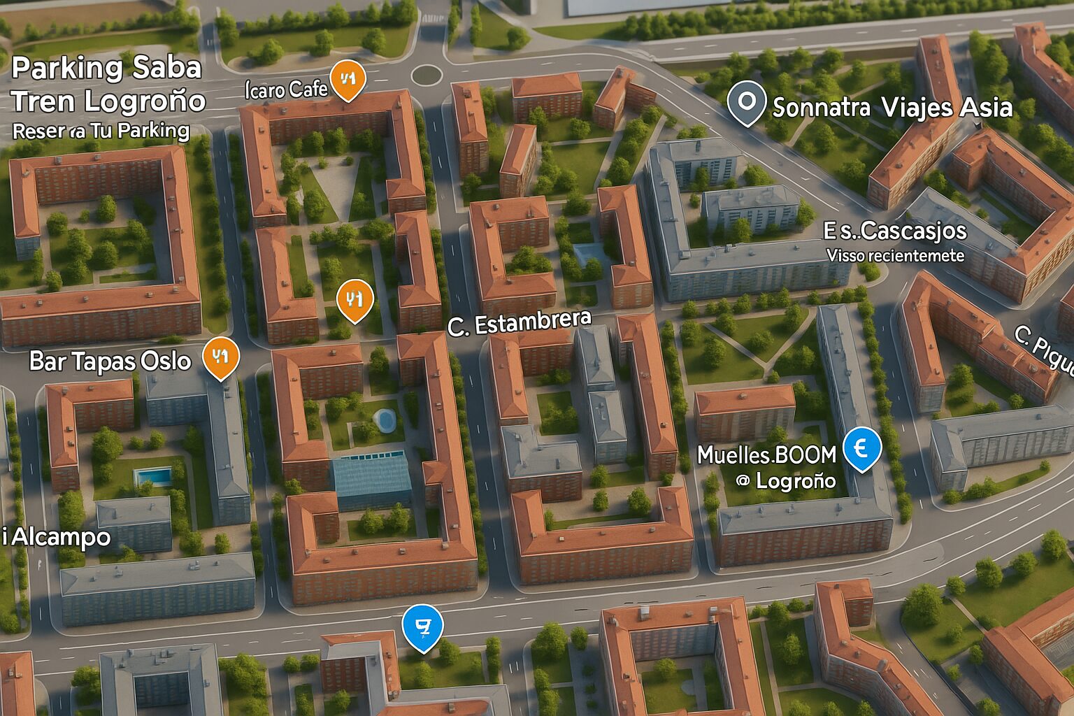 Mapa urbano de Cascajos-Piqueras Logroño con calles principales, servicios y ubicación de nueva obra