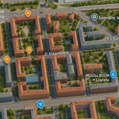 Mapa urbano de Cascajos-Piqueras Logroño con calles principales, servicios y ubicación de nueva obra